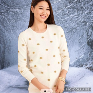 Talbots Crewneck Pullover Sweater Tinsel Dot cream and gold